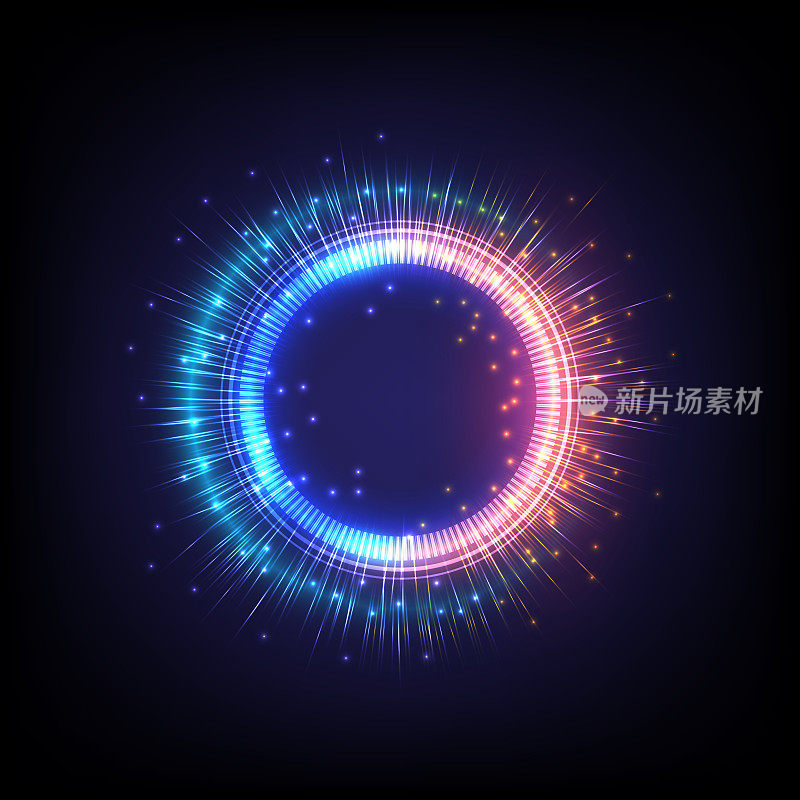 Technology glowing HUD circle. Light , ray and sparking ring. Colorful tunnel. Bright border. Magic portal. Luminous electron and glint swirling. Fireworks model